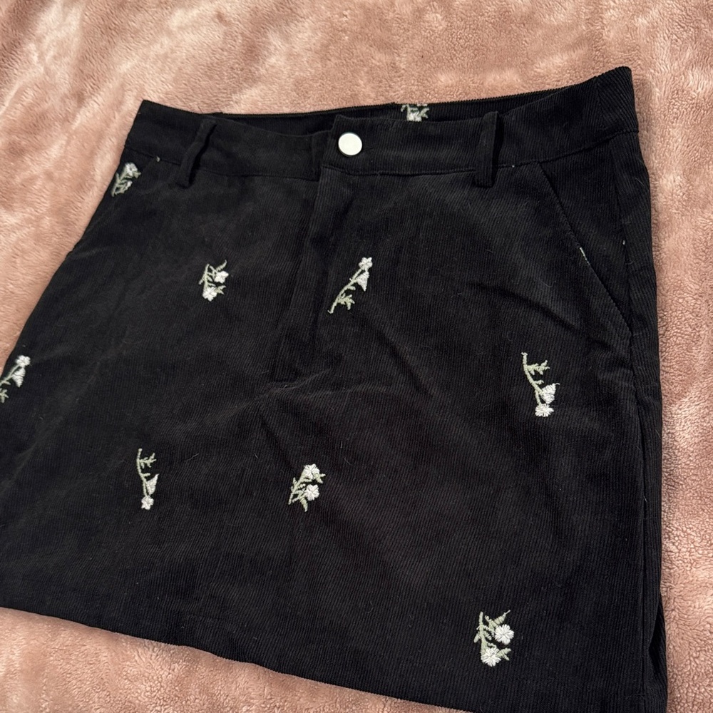 Black Corduroy Skirt with Floral Embroidery